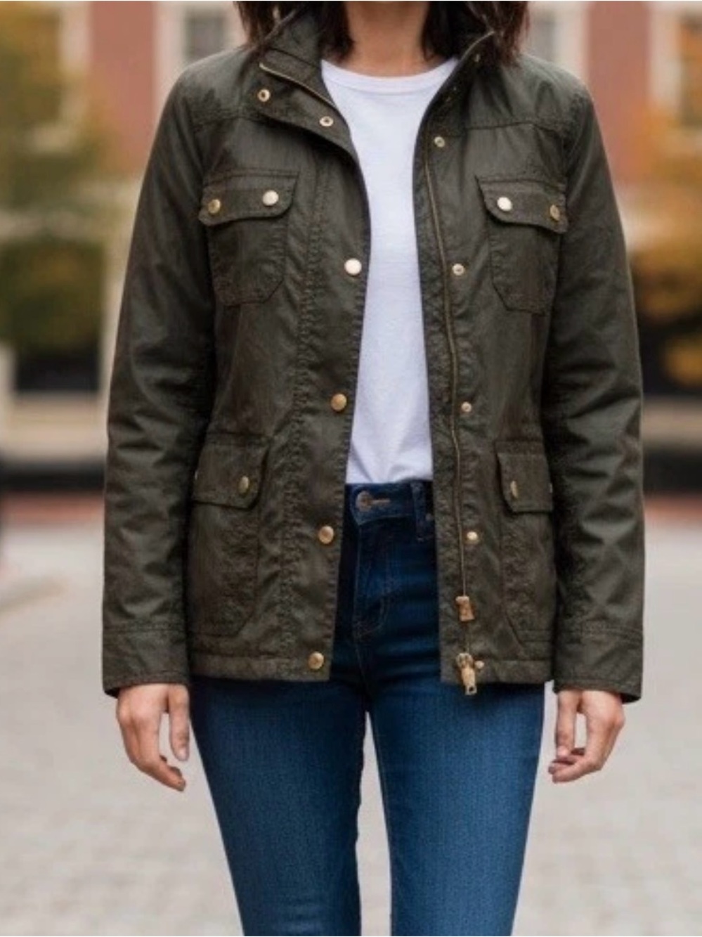 J. Crew Downtown Field Jacket 4-Pocket Olive/Brown Waxed Cotton size XS
